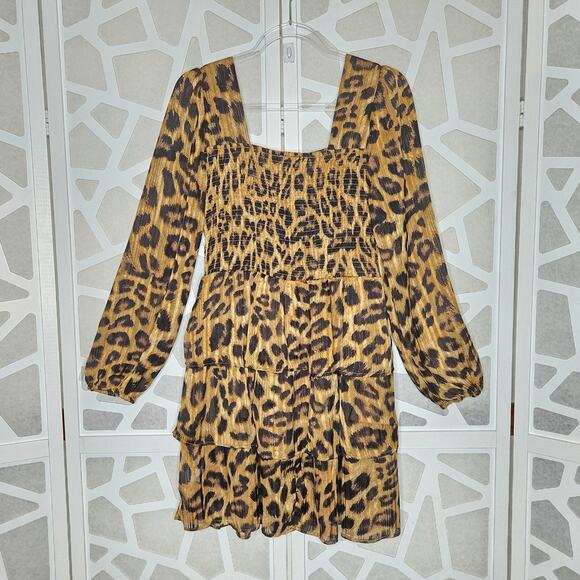 ODDI Leopard Shimmer Ruffle Tiered Puff Long Sheer Sleeves Dress Womens SZ MD - Picture 5 of 5